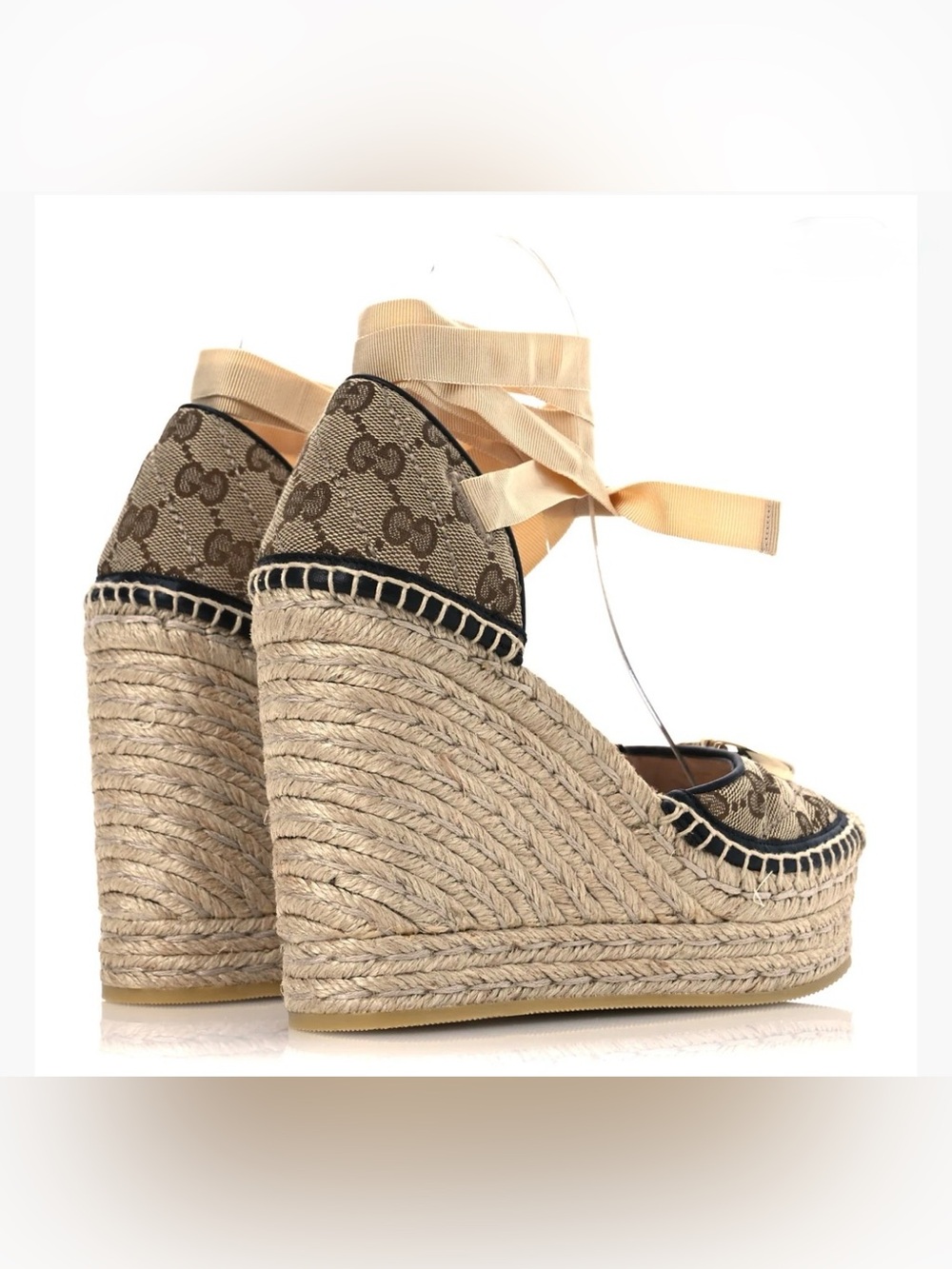 Gucci Beige Monogram Espadrille Wedge Sandals with Gold Logo - Picture 2 of 13